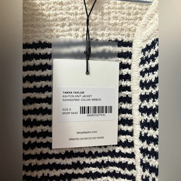 Tanya Taylor Ashton Organic Cotton Two Tone Sweater/Jacket White/Black Stripe - Picture 5 of 6